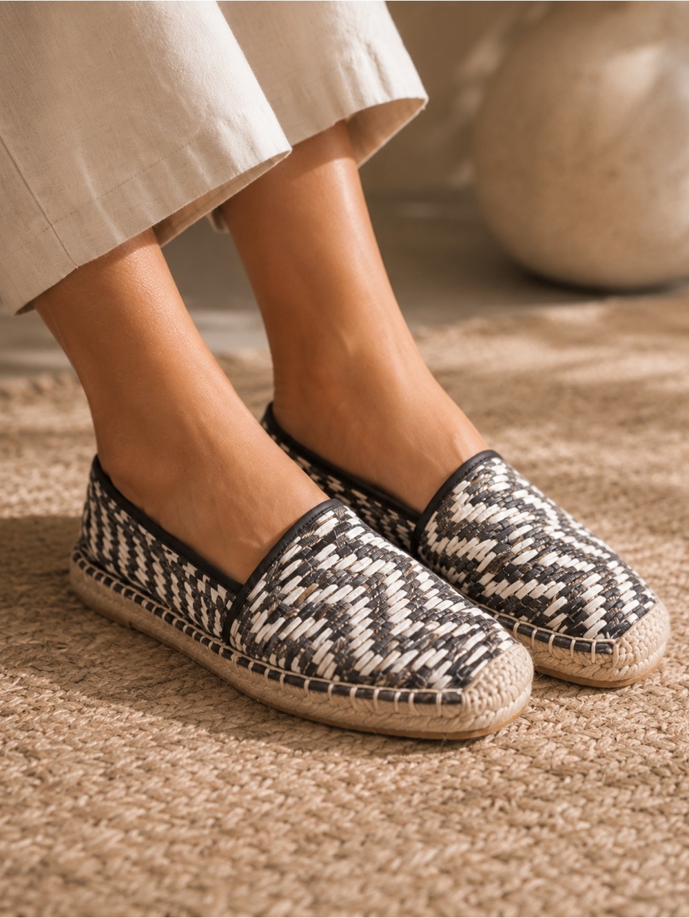 SOLUDOS x REVOLVE Black White Woven Raffia Slip On Flats Low Cut Espadrilles 36